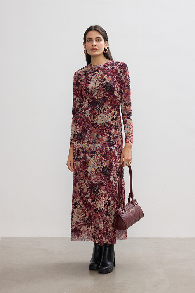 BE BLUE - BORDO FLORAL TÜL ELBİSE