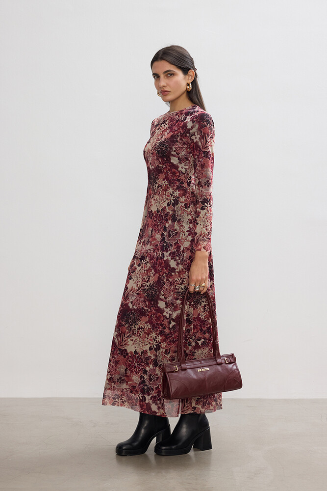 BE BLUE - BORDO FLORAL TÜL ELBİSE