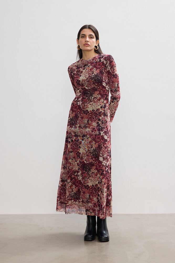 BE BLUE - BORDO FLORAL TÜL ELBİSE
