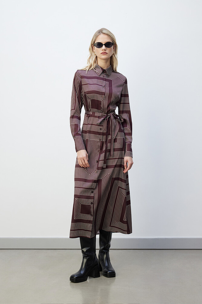 BE BLUE - KIZIL KAHVE MİNİMAL DESENLİ GÖMLEK ELBİSE