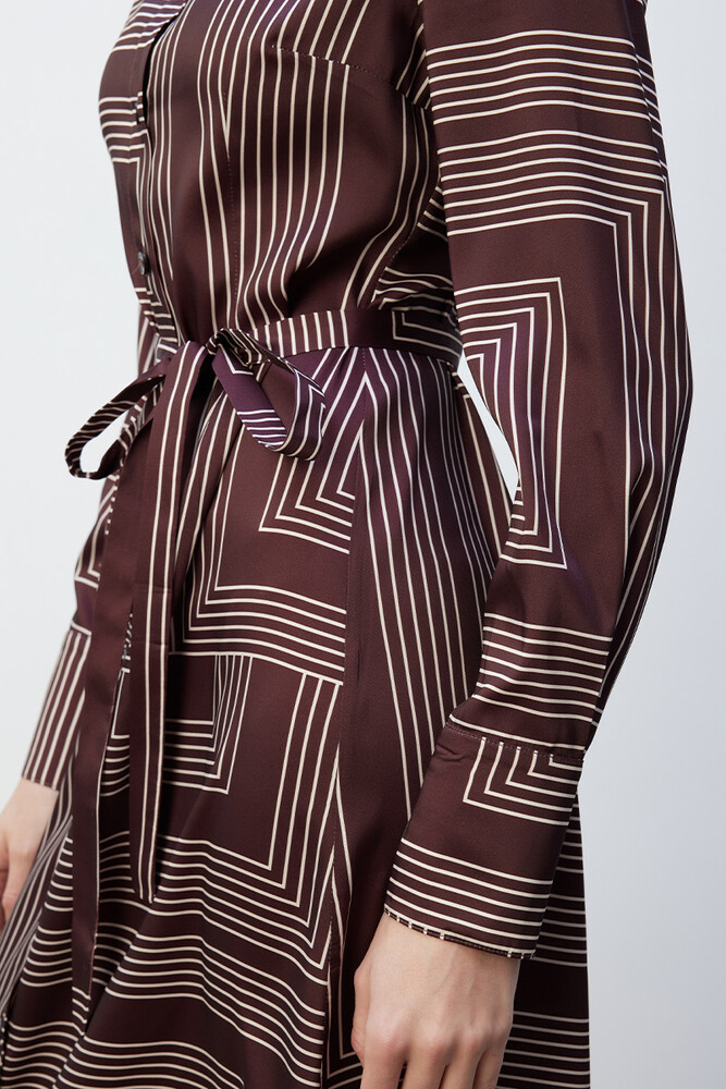 BE BLUE - KIZIL KAHVE MİNİMAL DESENLİ GÖMLEK ELBİSE