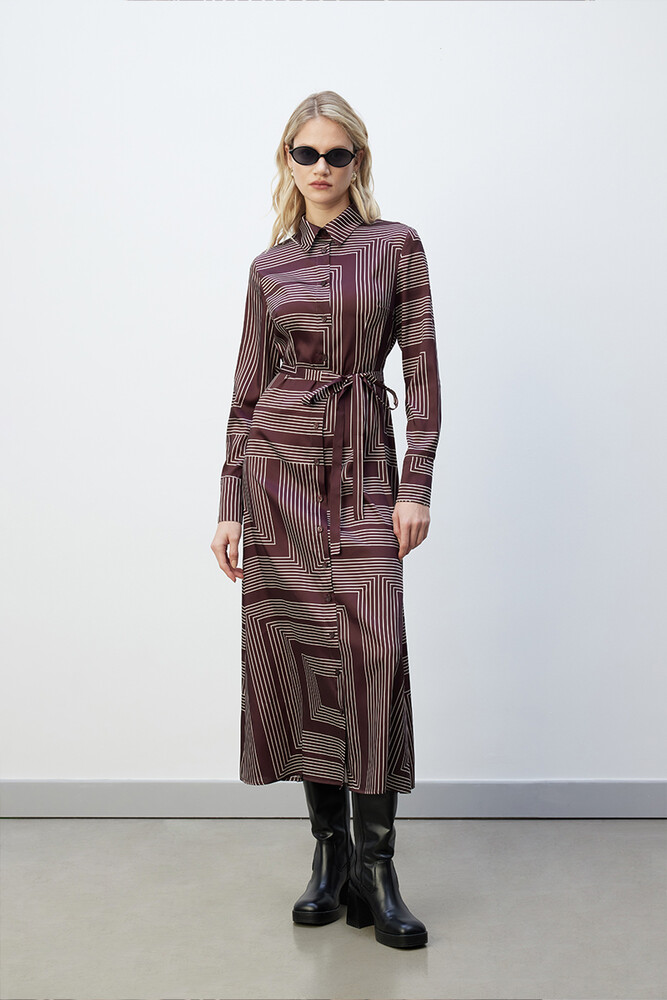 BE BLUE - KIZIL KAHVE MİNİMAL DESENLİ GÖMLEK ELBİSE