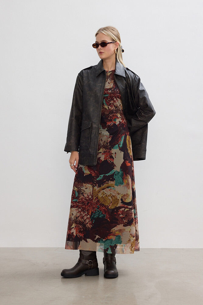 BE BLUE - BRUSH DESENLİ TÜL ELBİSE