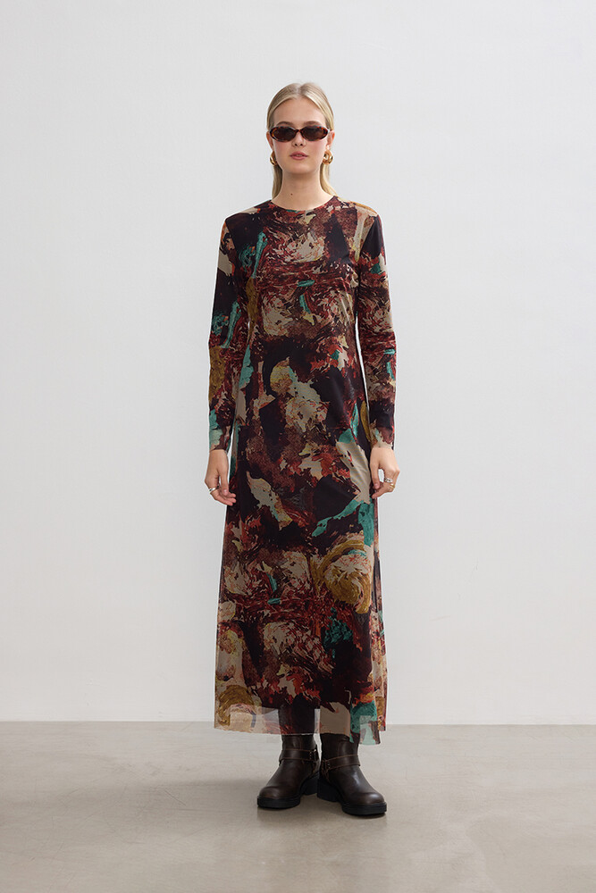 BE BLUE - BRUSH DESENLİ TÜL ELBİSE