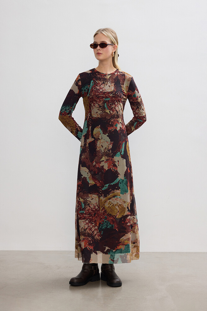 BE BLUE - BRUSH DESENLİ TÜL ELBİSE