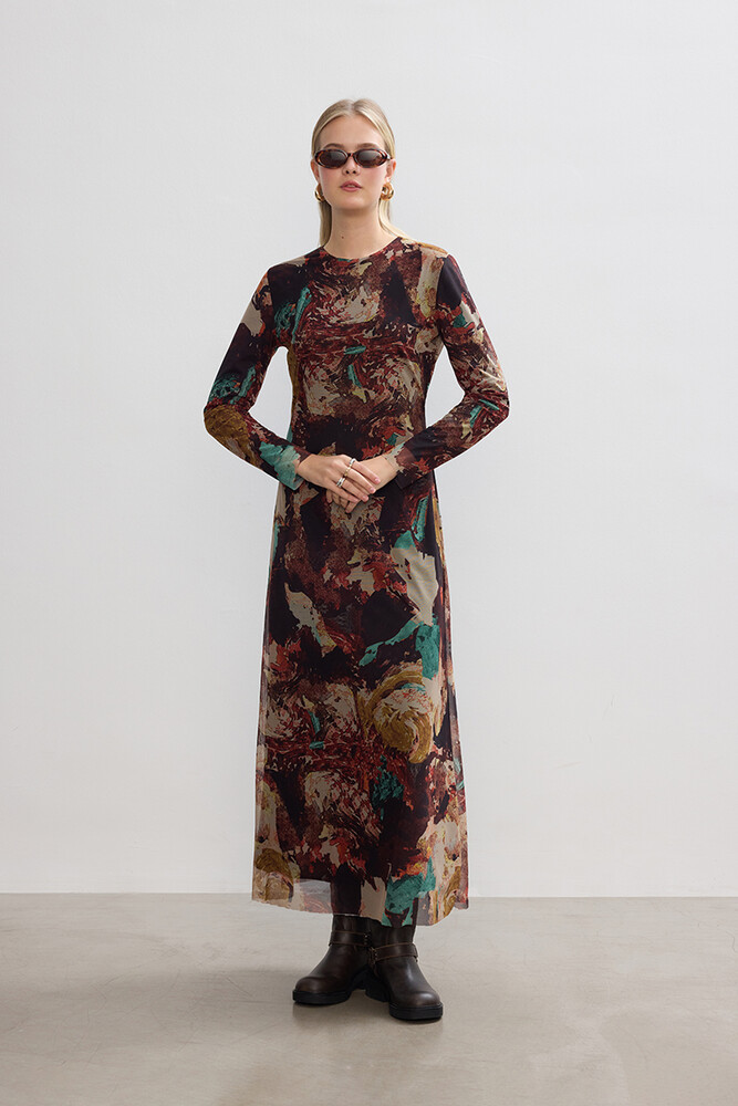 BE BLUE - BRUSH DESENLİ TÜL ELBİSE