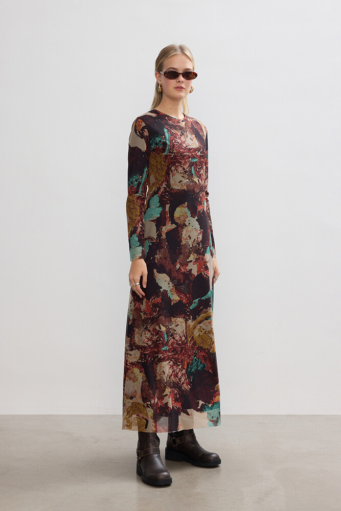 BE BLUE - BRUSH DESENLİ TÜL ELBİSE