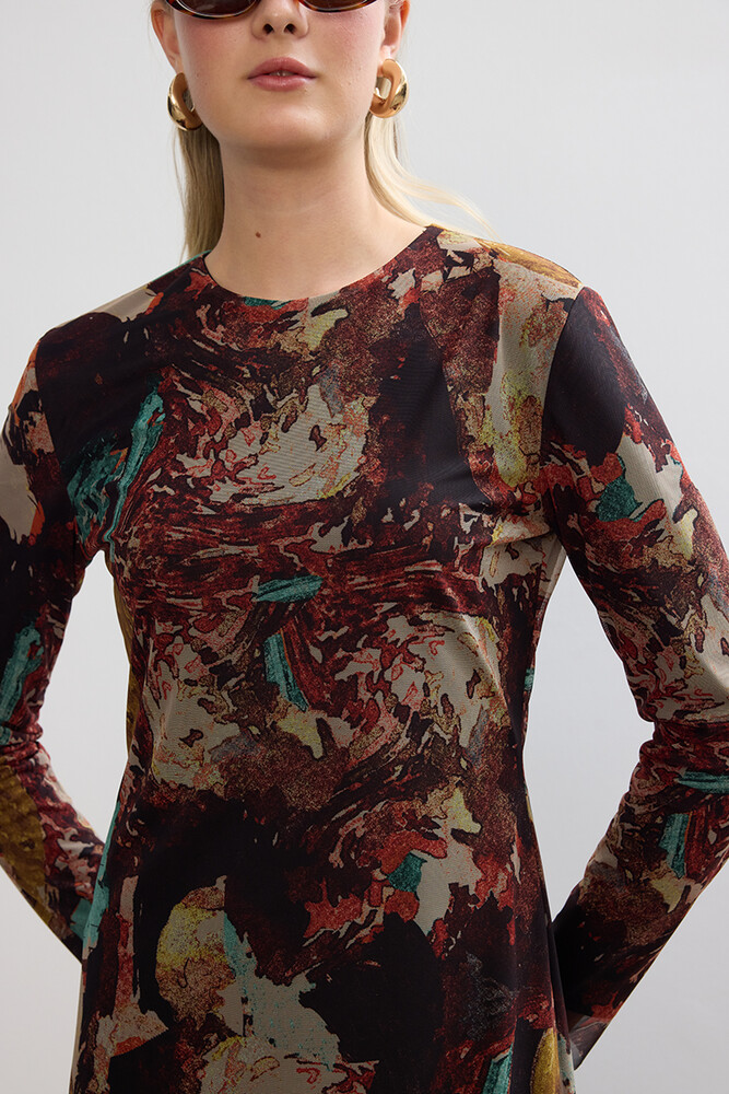 BE BLUE - BRUSH DESENLİ TÜL ELBİSE