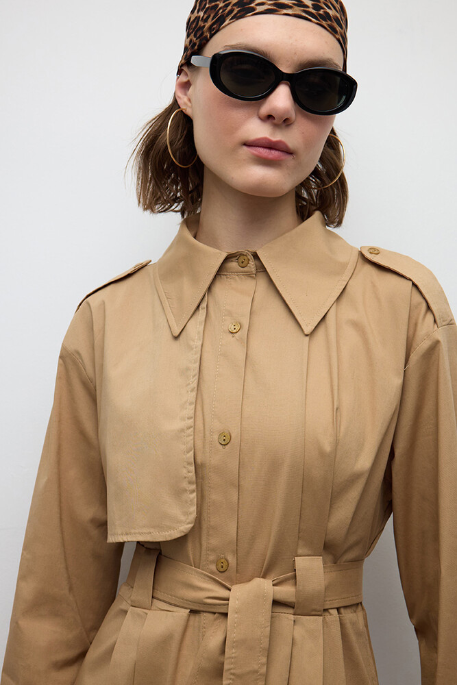 BE BLUE - CAMEL PAMUKLU TRENÇ ELBİSE