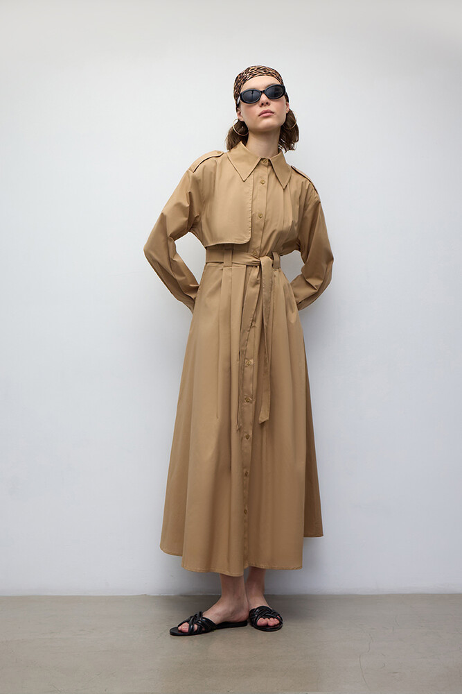 BE BLUE - CAMEL PAMUKLU TRENÇ ELBİSE