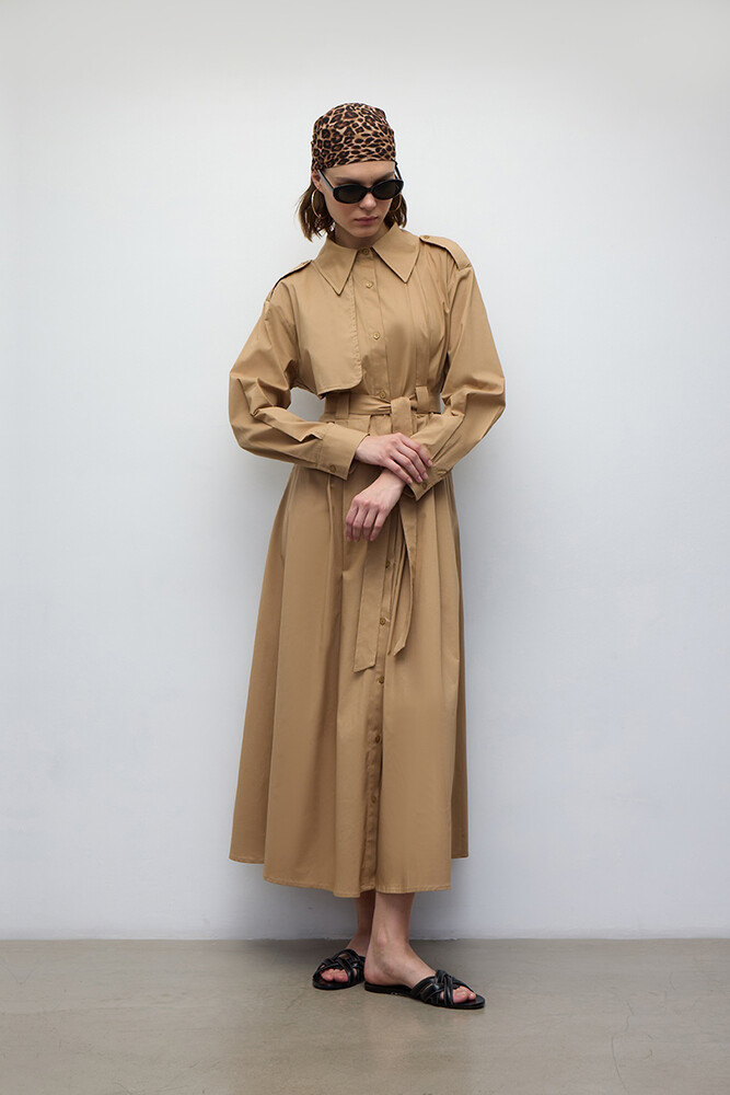 BE BLUE - CAMEL PAMUKLU TRENÇ ELBİSE