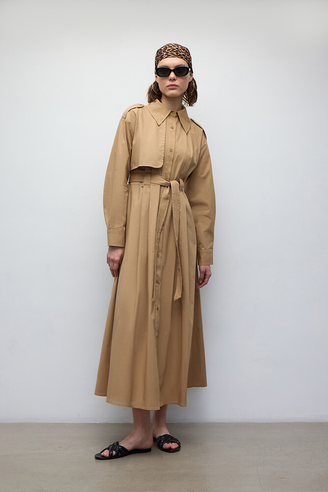 BE BLUE - CAMEL PAMUKLU TRENÇ ELBİSE