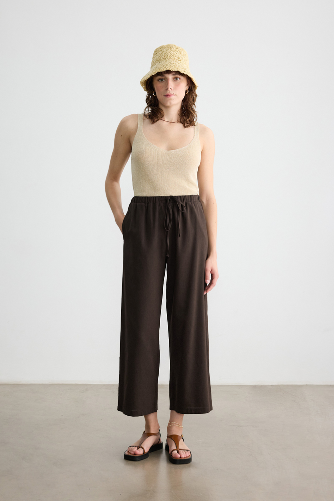 BE BLUE - ÇİKOLATA DÜZ KESİM PAMUK KETEN PANTOLON