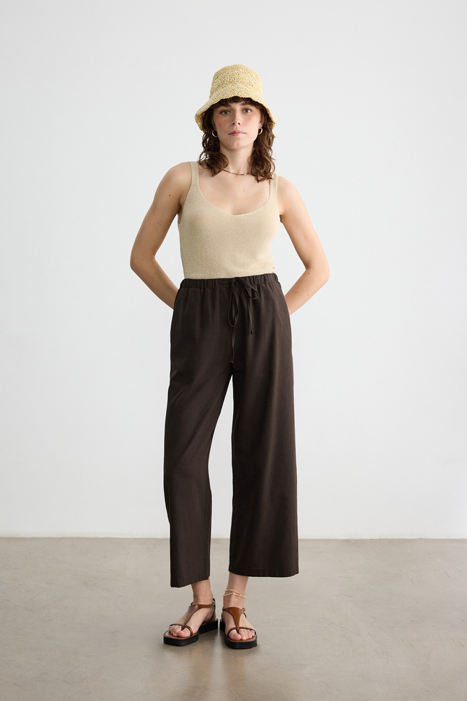 BE BLUE - ÇİKOLATA DÜZ KESİM PAMUK KETEN PANTOLON