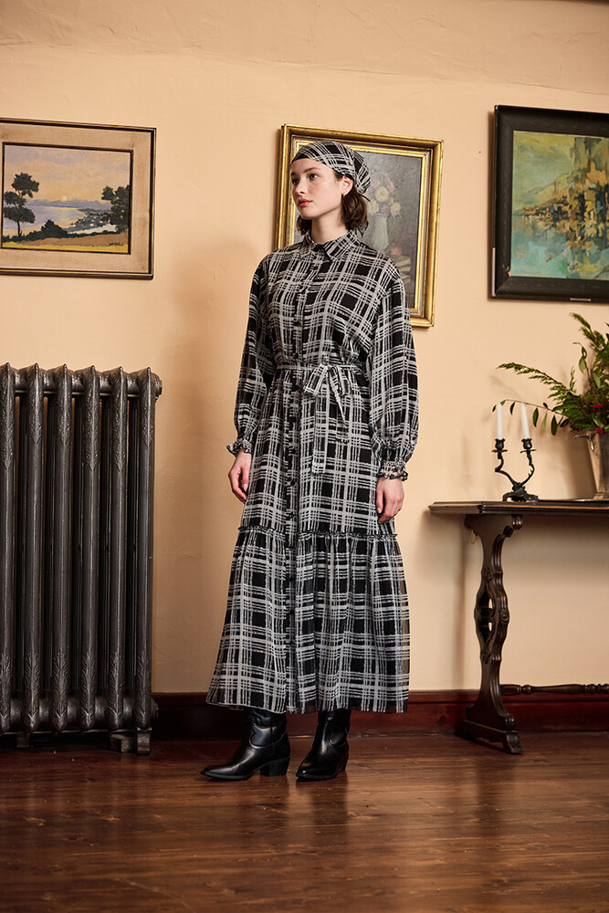 BE BLUE - EKOSE DESENLİ ŞİFON ELBİSE