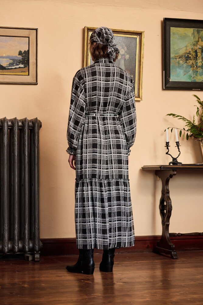 BE BLUE - EKOSE DESENLİ ŞİFON ELBİSE