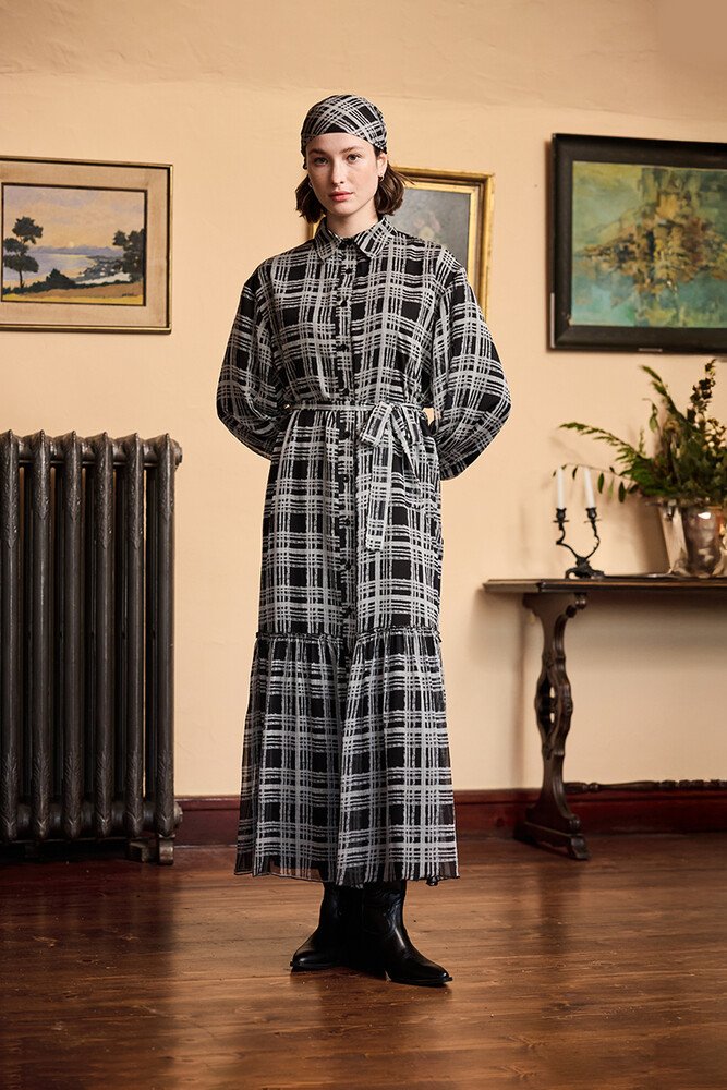 BE BLUE - EKOSE DESENLİ ŞİFON ELBİSE