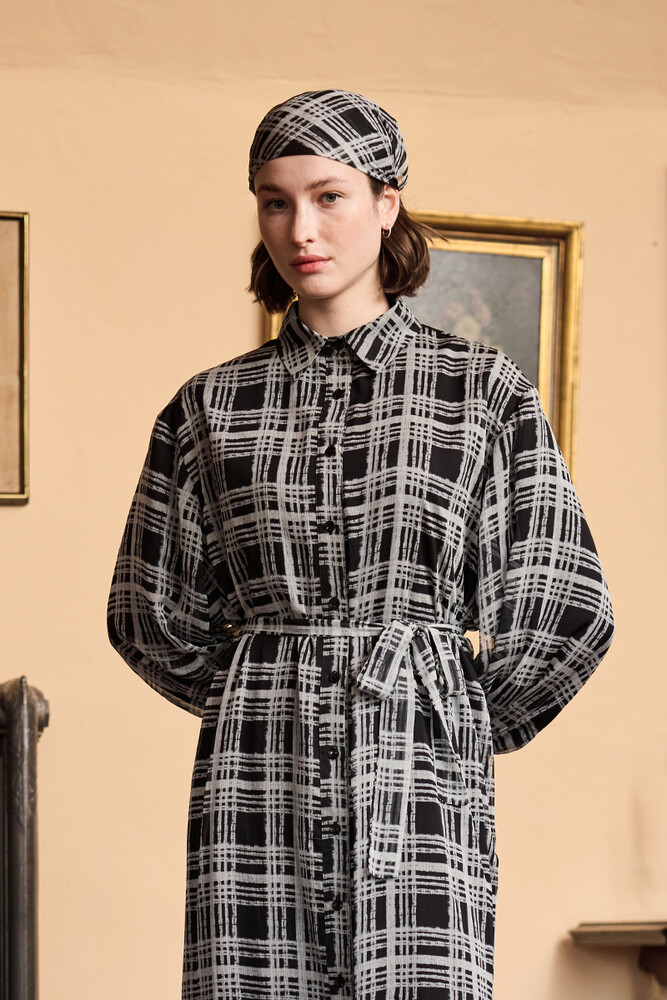 BE BLUE - EKOSE DESENLİ ŞİFON ELBİSE