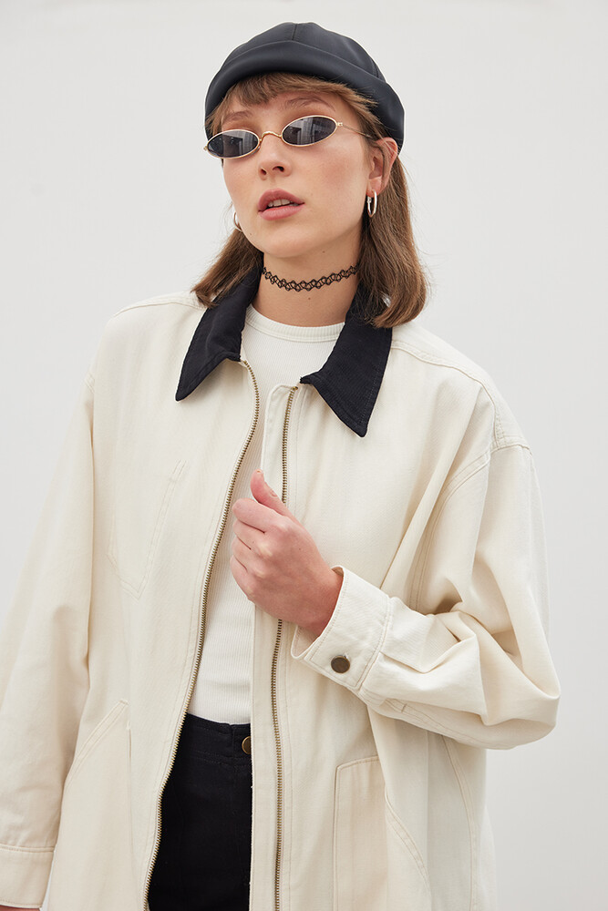 90S EKRU OVERSIZE GABARDİN CEKET - Thumbnail