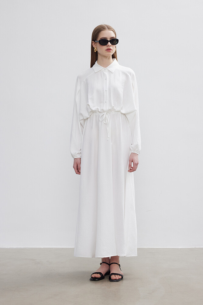 BE BLUE - EKRU BELİ BÜZGÜLÜ ELBİSE