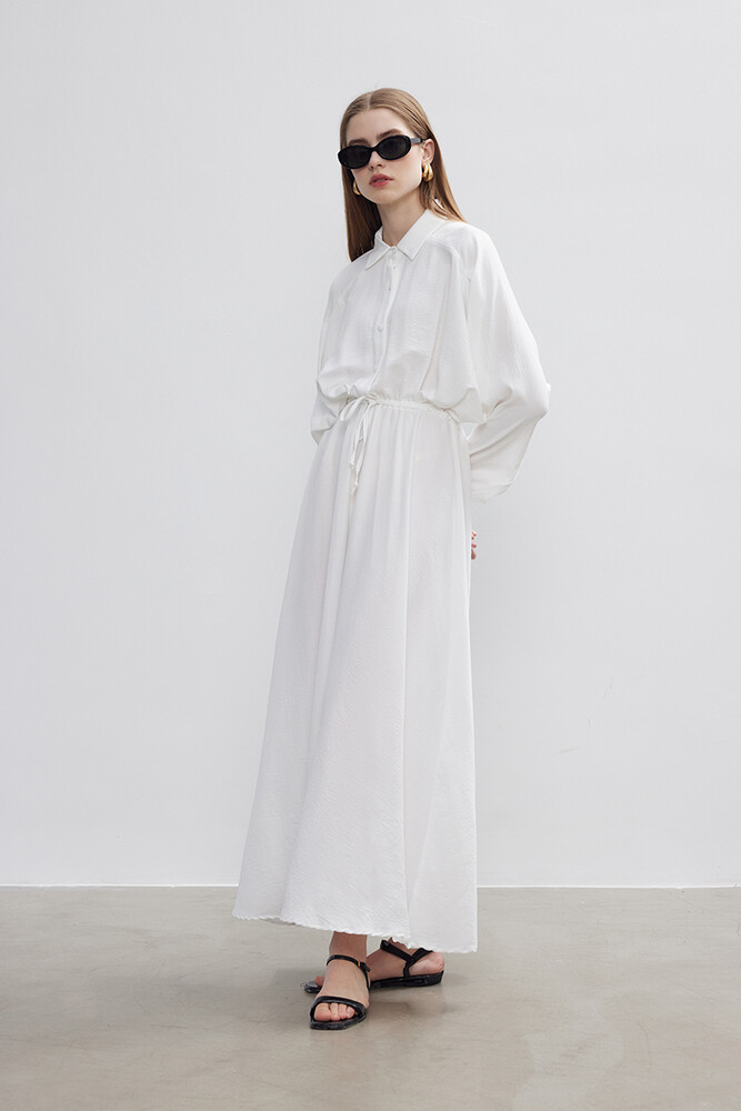 BE BLUE - EKRU BELİ BÜZGÜLÜ ELBİSE