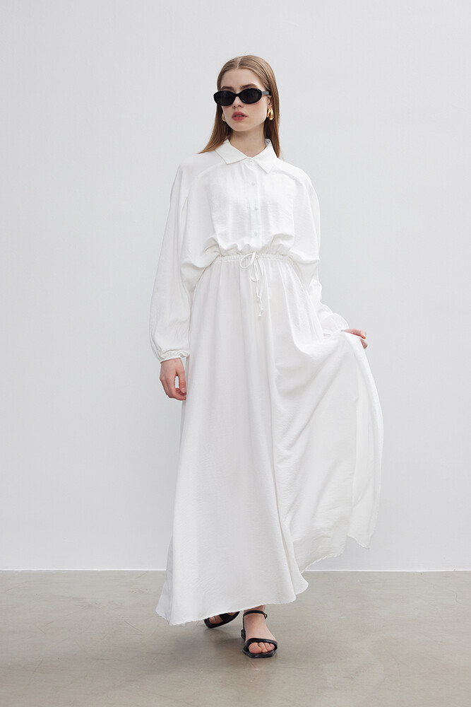 BE BLUE - EKRU BELİ BÜZGÜLÜ ELBİSE