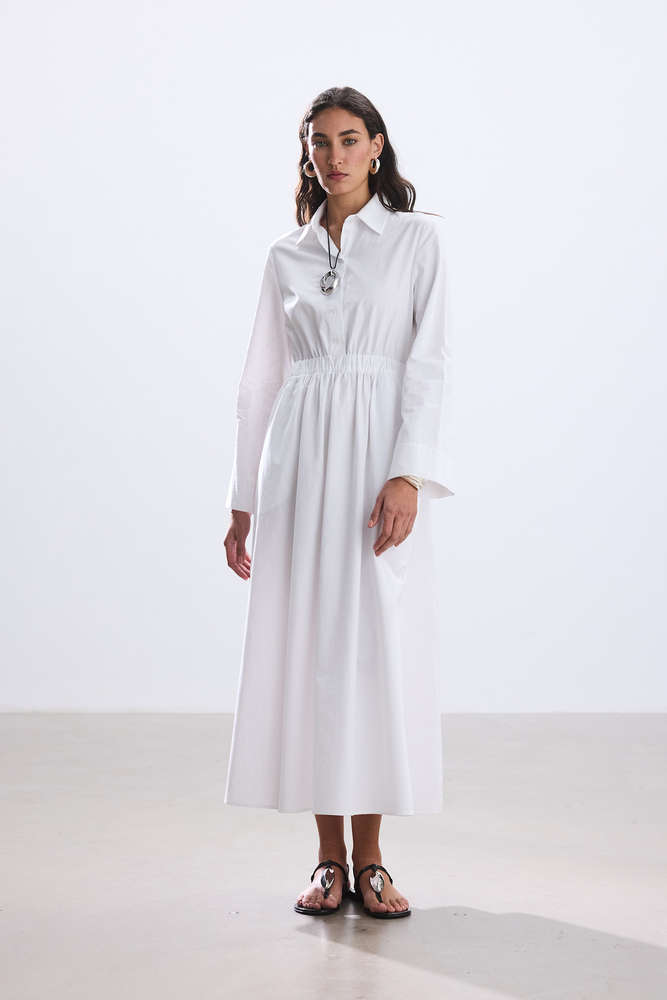 BE BLUE - EKRU CEP DETAYLI POPLİN GÖMLEK ELBİSE