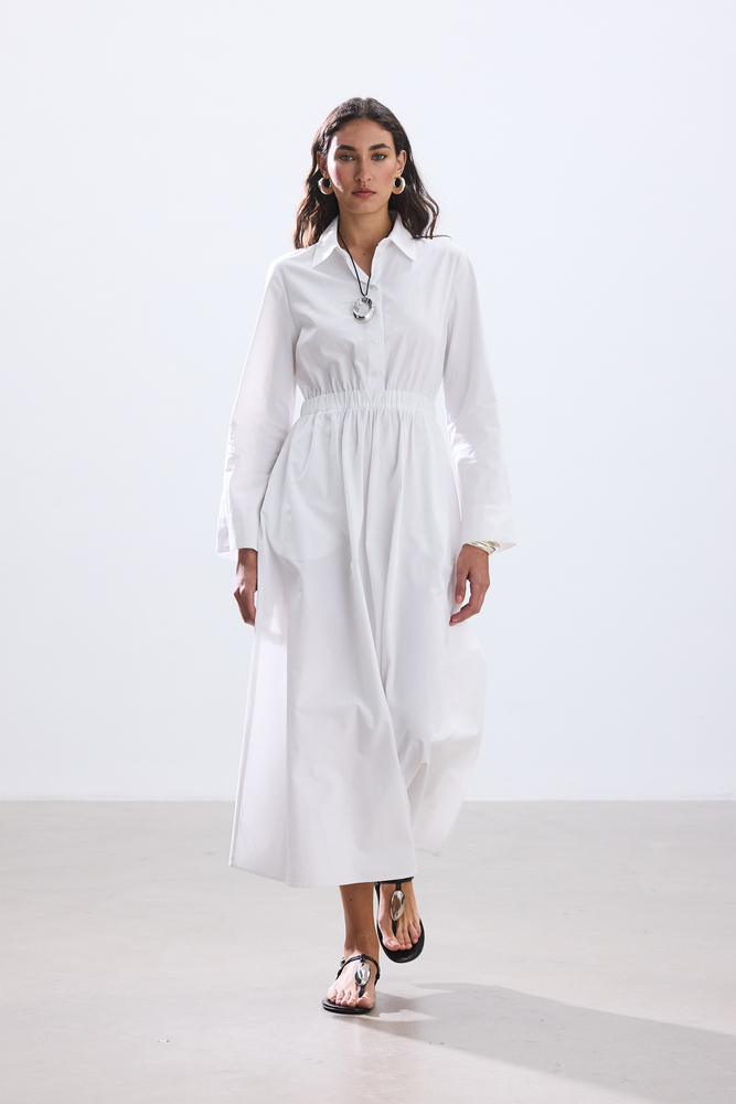 BE BLUE - EKRU CEP DETAYLI POPLİN GÖMLEK ELBİSE