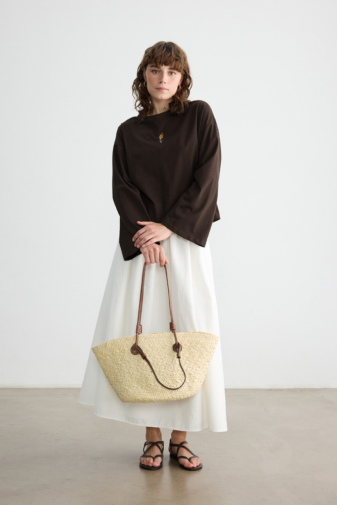 BE BLUE - EKRU ÇİFT DERİ SAPLI HASIR ÇANTA