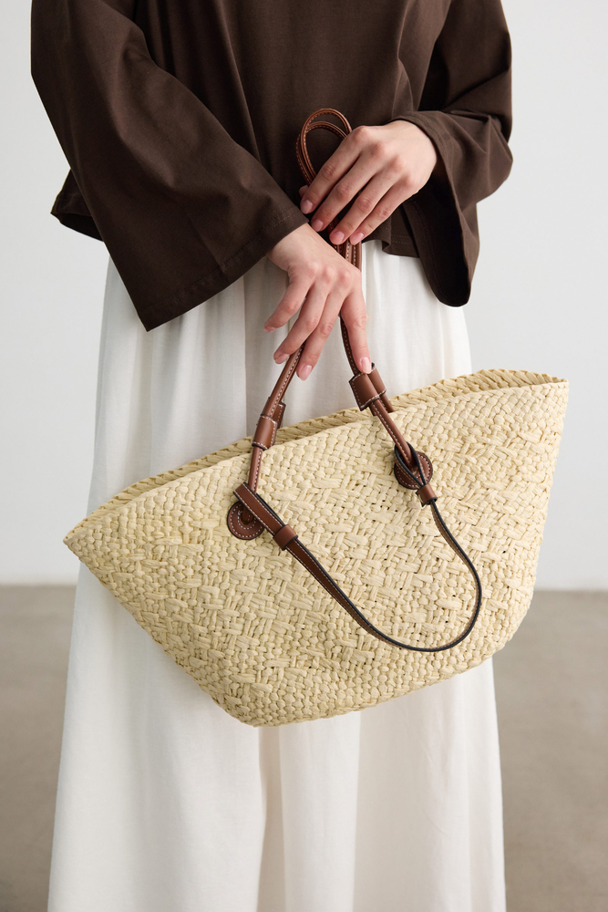 BE BLUE - EKRU ÇİFT DERİ SAPLI HASIR ÇANTA