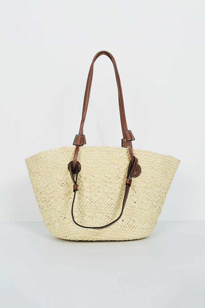 BE BLUE - EKRU ÇİFT DERİ SAPLI HASIR ÇANTA