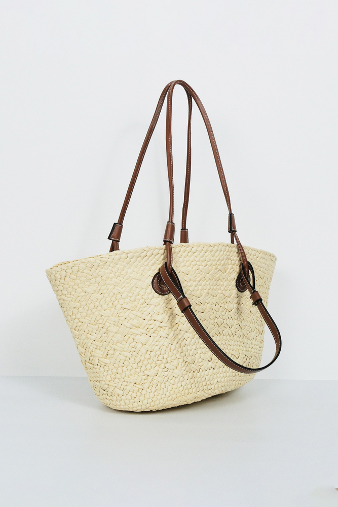 BE BLUE - EKRU ÇİFT DERİ SAPLI HASIR ÇANTA