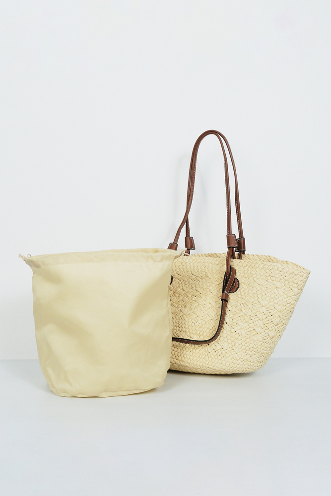 BE BLUE - EKRU ÇİFT DERİ SAPLI HASIR ÇANTA