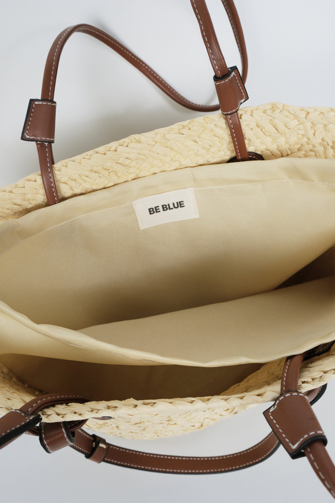 BE BLUE - EKRU ÇİFT DERİ SAPLI HASIR ÇANTA