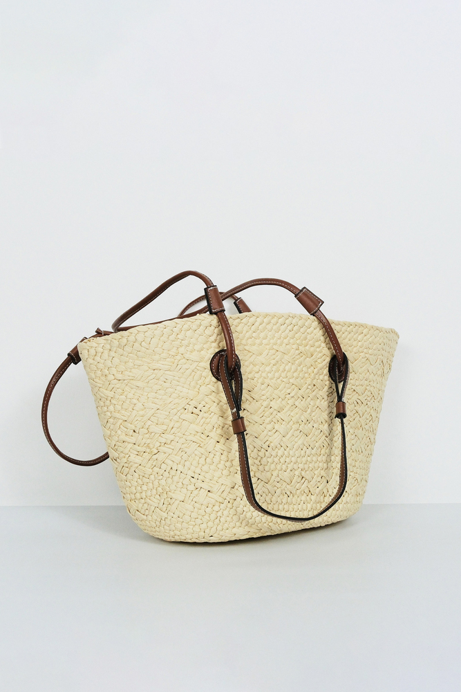 BE BLUE - EKRU ÇİFT DERİ SAPLI HASIR ÇANTA