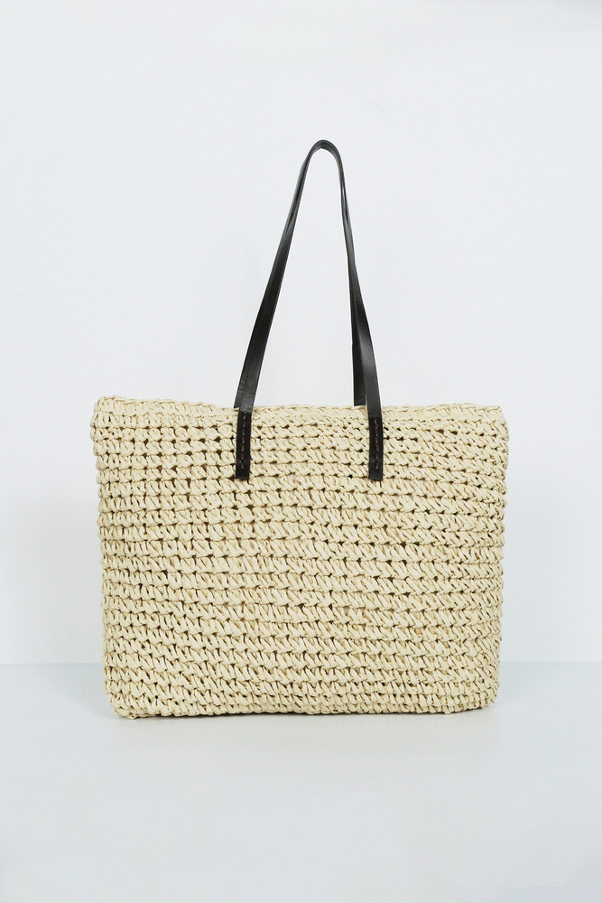 BE BLUE - EKRU DERİ SAPLI HASIR ÇANTA