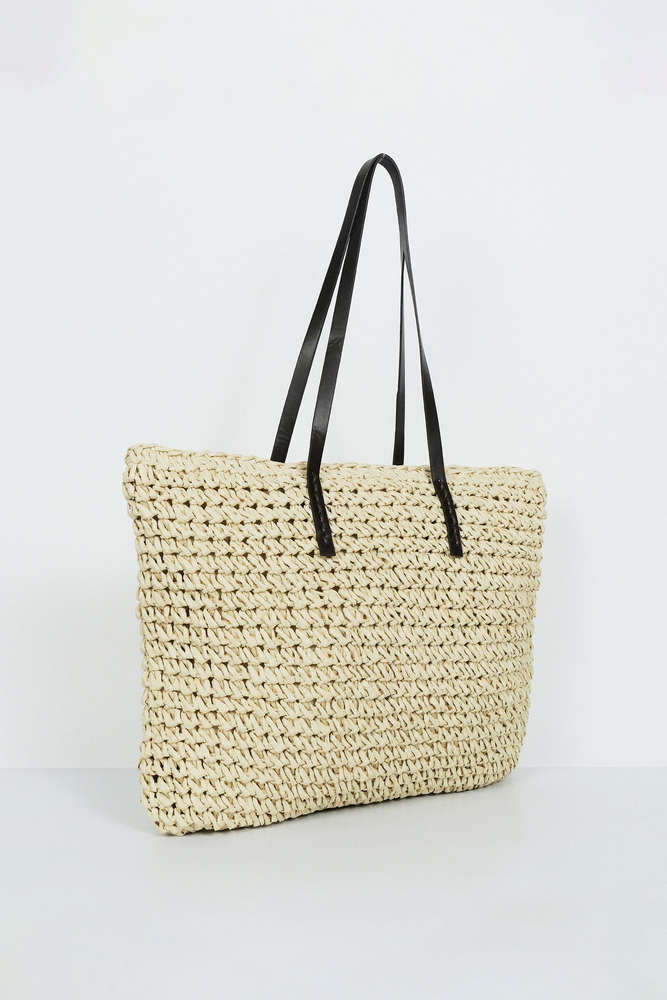 BE BLUE - EKRU DERİ SAPLI HASIR ÇANTA