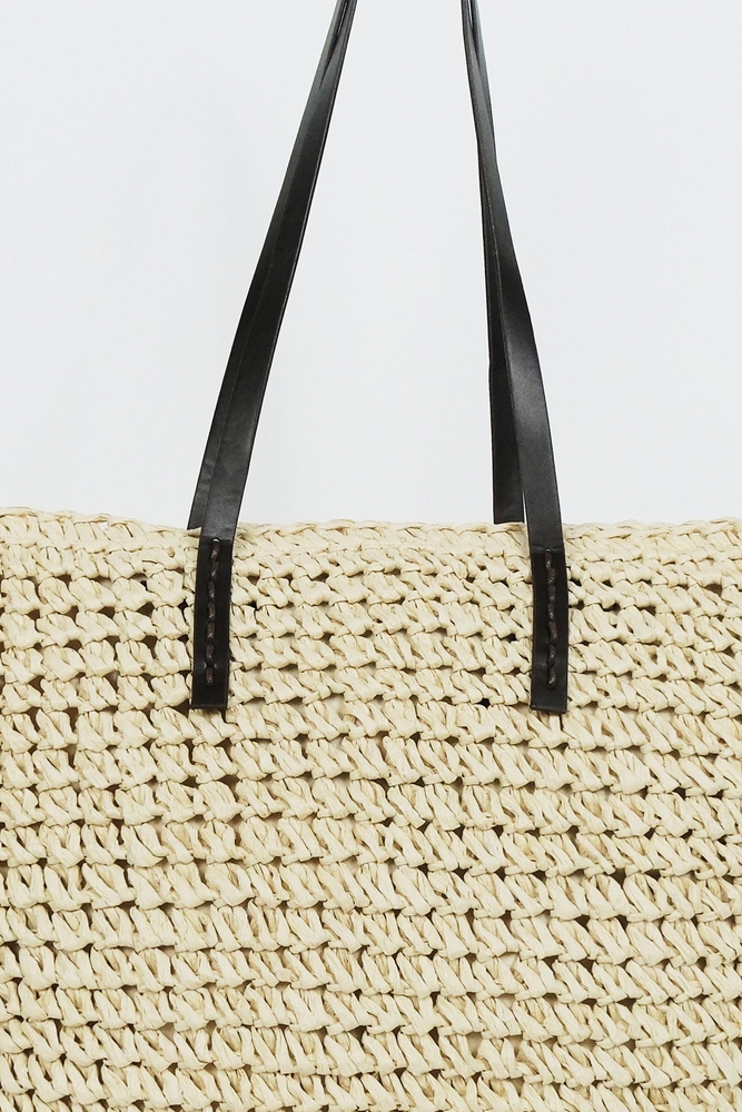 BE BLUE - EKRU DERİ SAPLI HASIR ÇANTA