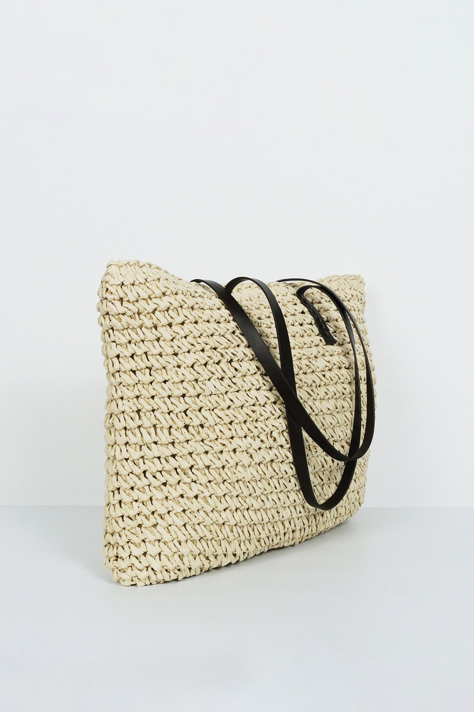 BE BLUE - EKRU DERİ SAPLI HASIR ÇANTA