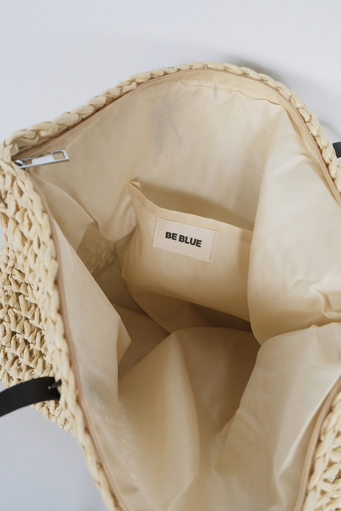 BE BLUE - EKRU DERİ SAPLI HASIR ÇANTA