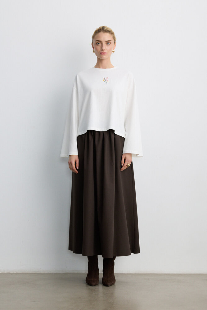 BE BLUE - EKRU UZUN KOLLU NAKIŞLI T-SHIRT