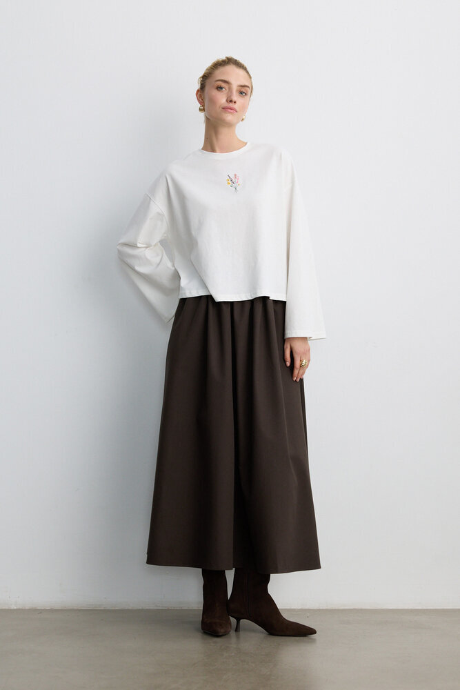 BE BLUE - EKRU UZUN KOLLU NAKIŞLI T-SHIRT