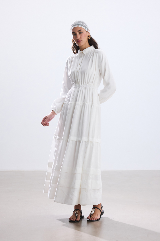 BE BLUE - EKRU NERVÜRLÜ MODAL ELBİSE