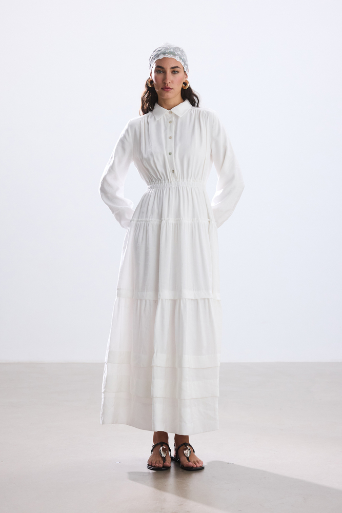 BE BLUE - EKRU NERVÜRLÜ MODAL ELBİSE