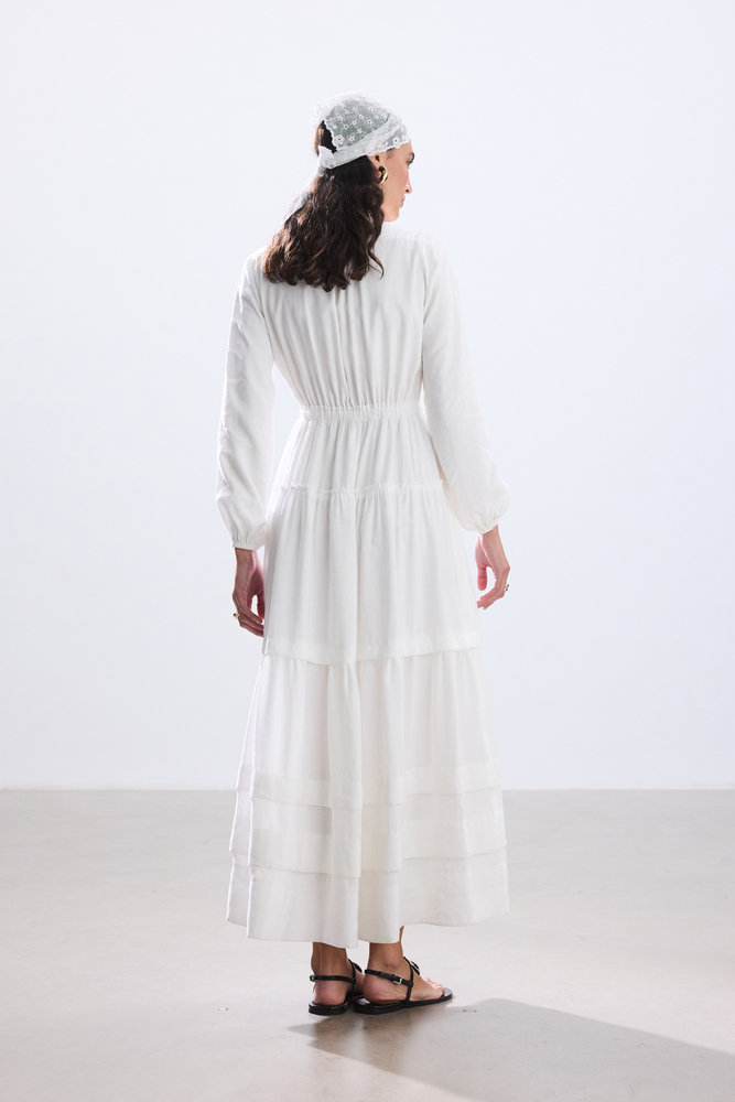 BE BLUE - EKRU NERVÜRLÜ MODAL ELBİSE