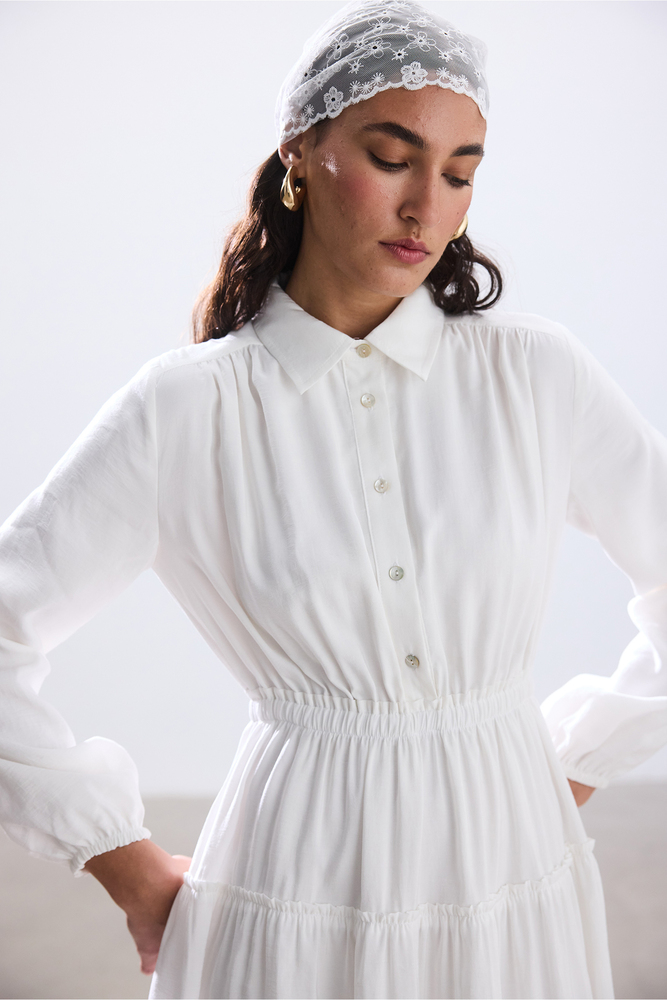 BE BLUE - EKRU NERVÜRLÜ MODAL ELBİSE