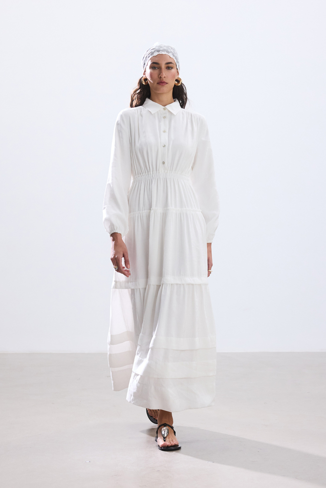 BE BLUE - EKRU NERVÜRLÜ MODAL ELBİSE