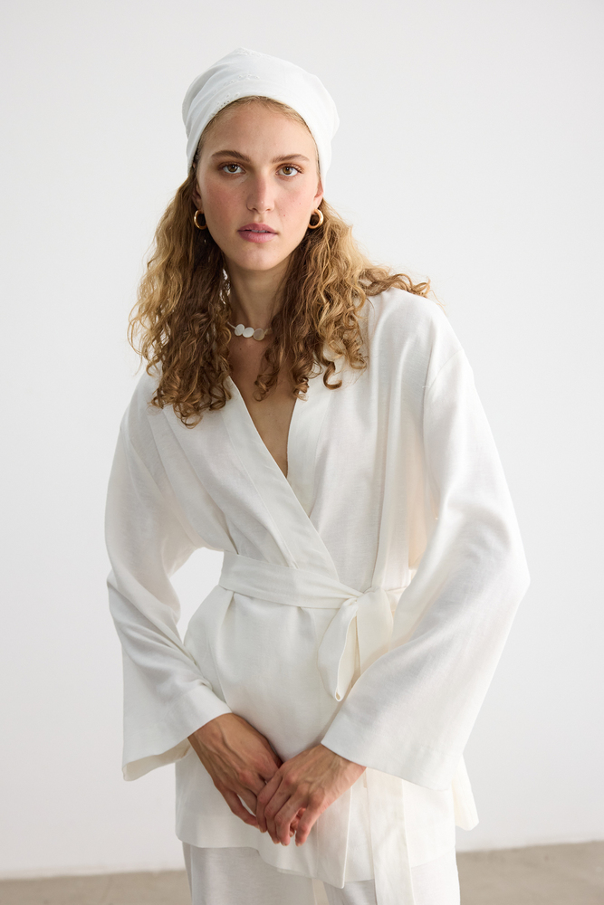 BE BLUE - EKRU PAMUK KETEN KİMONO