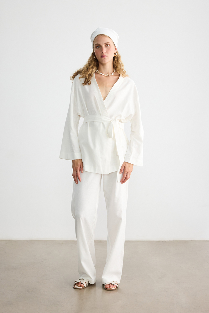 BE BLUE - EKRU PAMUK KETEN KİMONO