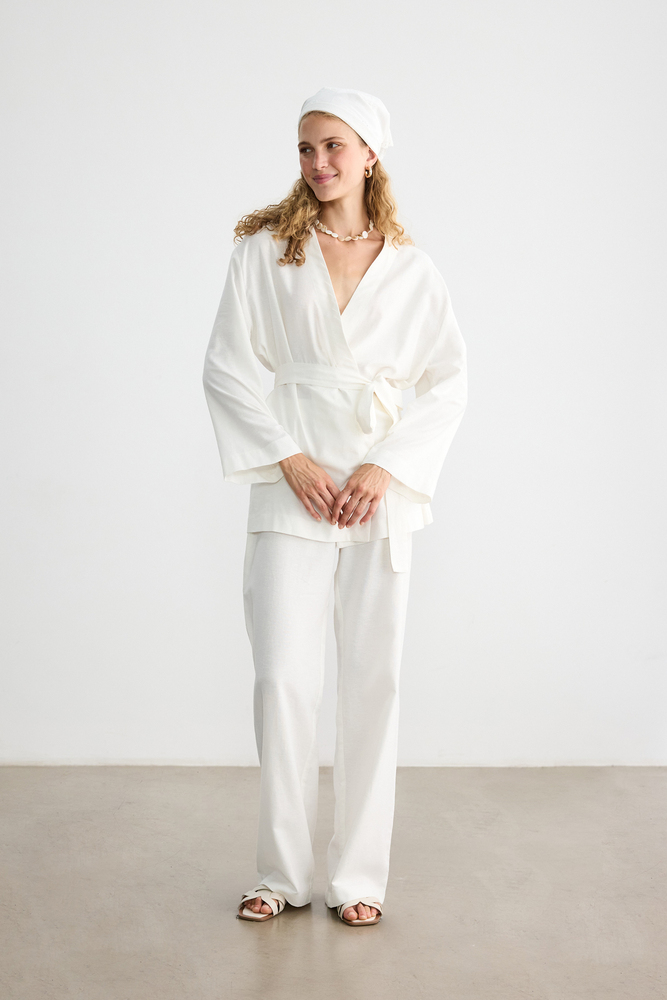 BE BLUE - EKRU PAMUK KETEN KİMONO